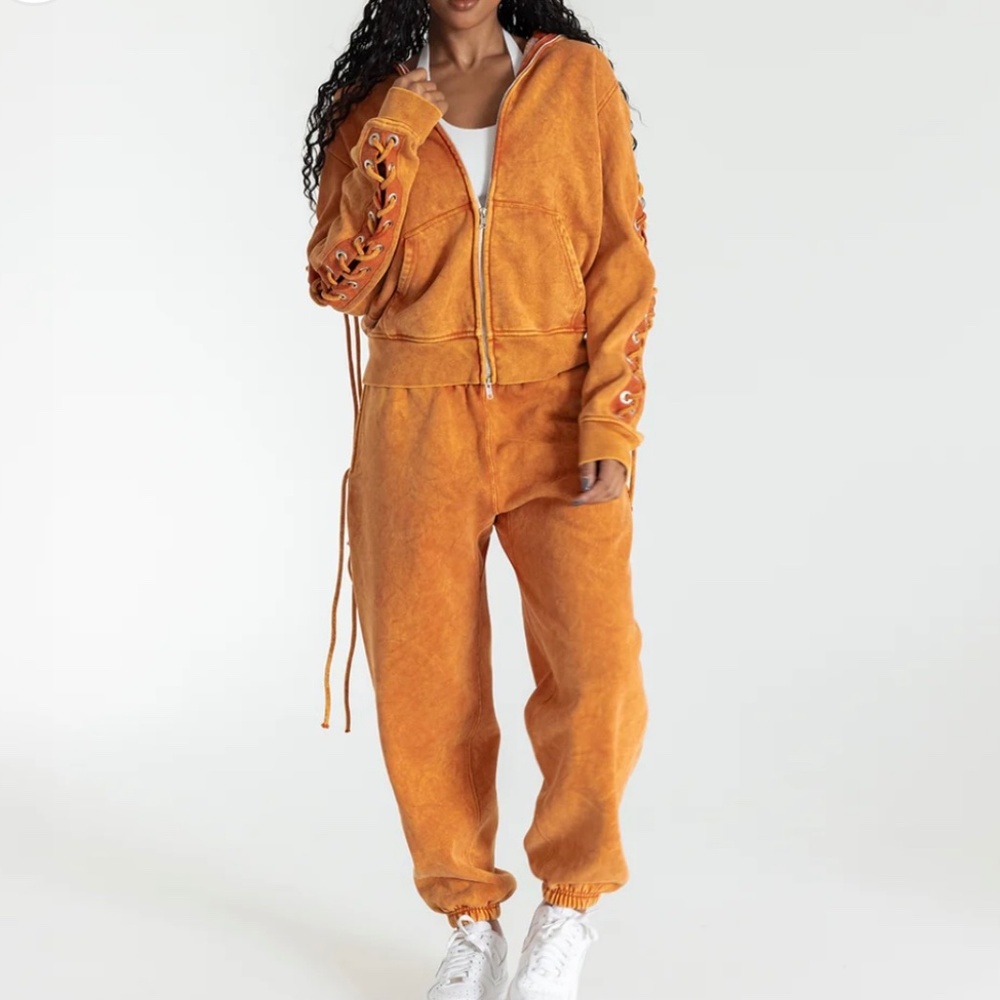 SAMARIA LEAH Aspen Spice Orange Lace-Up Hooded 2 Piece Sweatsuit Size M